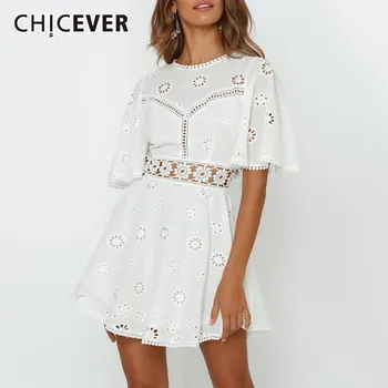

CHICEVER Summer Sweet White Lace Hollow Out Patchwork Backless Dress For Women O Neck Flare Sleeve High Waist Pleated Dresses
