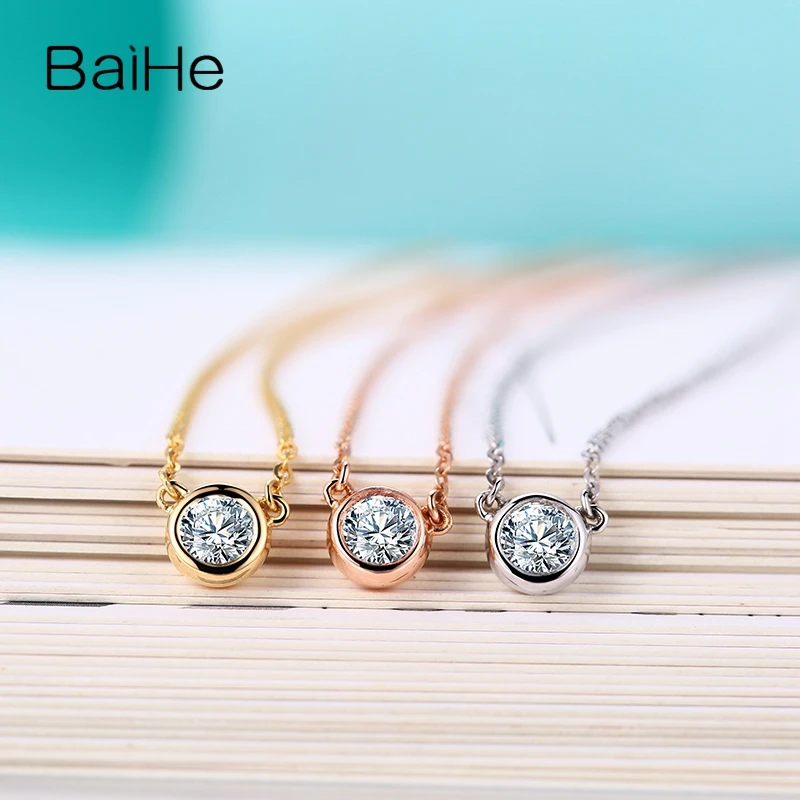 BAIHE Solid 14 k белое золото(AU585) 0.18ct H/SI круглый натуральный бриллиант для женщин Элегантный свадебный кулон подарок ожерелье