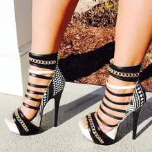 New Designer Black White Geometric High Platform Pumps Peep Toe Chain Decor Cut-out Cross Strap Size 45 Womens High Heel Shoes round geometric cut out arm chain