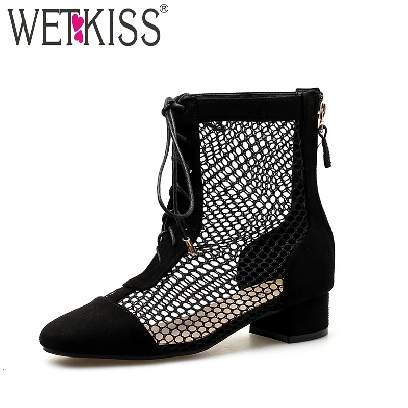 

WETKISS Sexy Summer Women Ankle Boots Cross Tied Mesh Footwear 2018 Chunky Heels Fashion Boots New Square Toe Flock Ladies Shoes