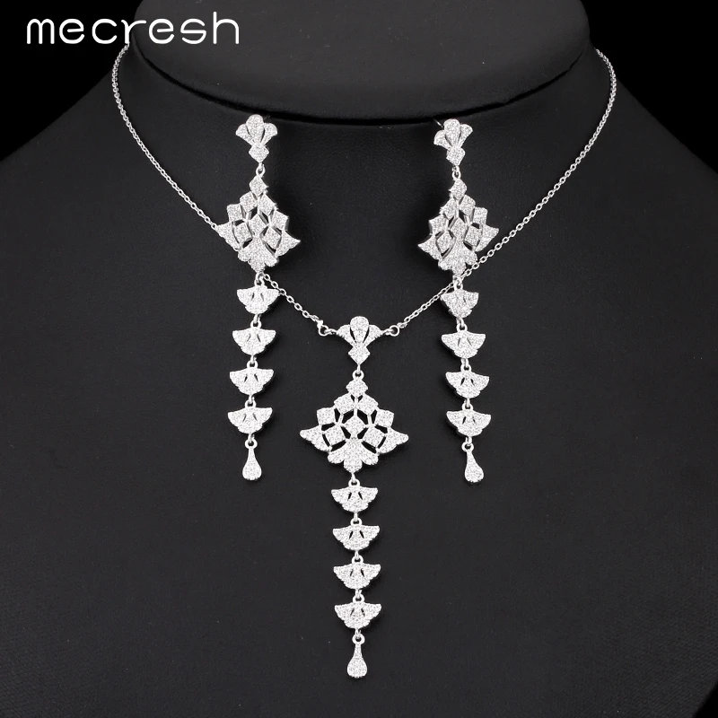 

Mecresh 2018 Top CZ Stones Bridal Jewelry Chandelier Necklace + Long Earrings Jewelry Sets for Women Best Gift TL332
