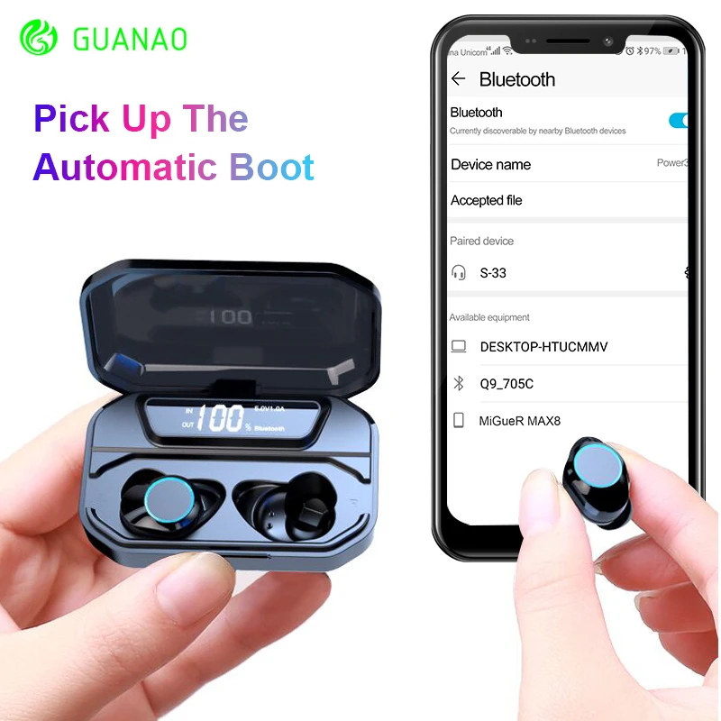 G02 9D TWS Stereo Wireless Earphone With LED Bluetooth 5.0+ HiFi Earphones IPX7 Waterproof 3300mAh Smart Power Bank Phone Holder
