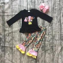 Новая осенне-зимняя одежда для маленьких девочек хлопковая черная коровья Цветочная молочная шелковая рюшами, штаны, дизайнерская детская одежда с бантом