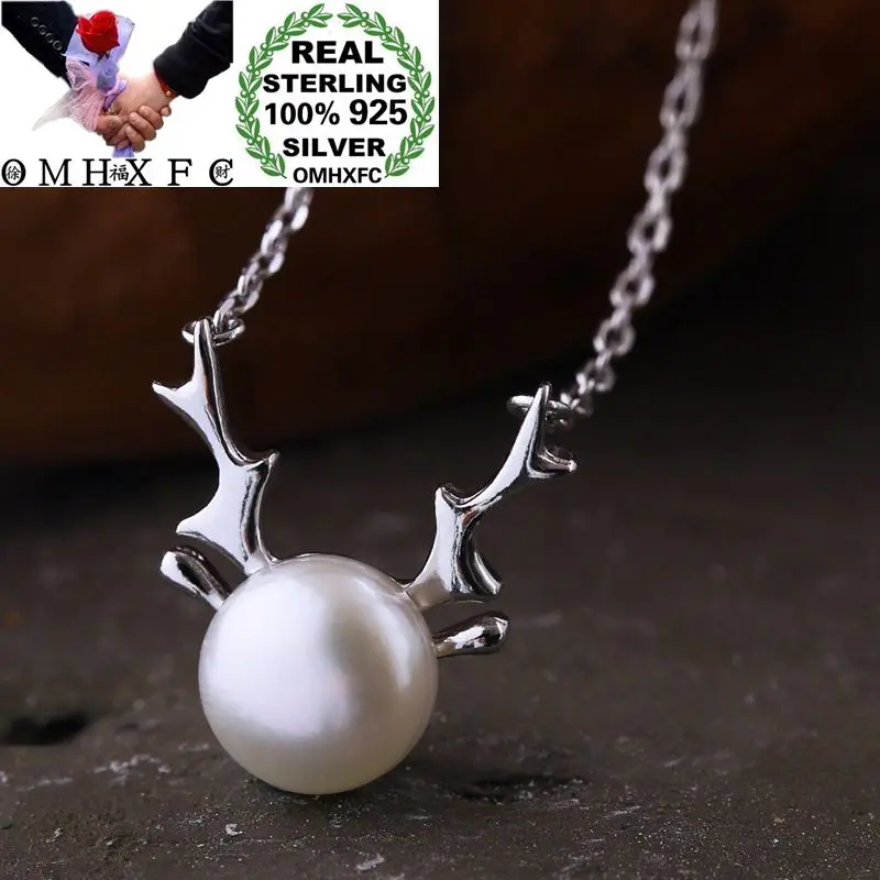 

OMHXFC Wholesale European Fashion Woman Party Birthday Gift Deer Antler Pearl 100% S925 Sterling Silver Pendant Necklace CH47