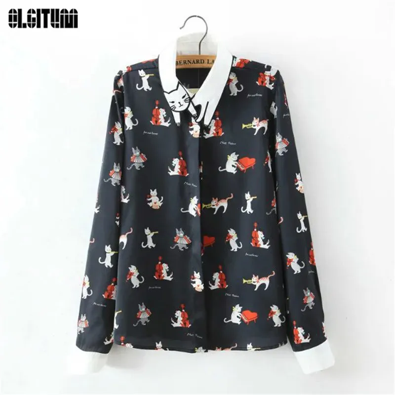 Vente Mode Femme Blouses 2018 Nouveau Mignon Chat Broderie Col Vintage Piano Chat Imprimer Blouse À Manches Longues Femmes Chemise