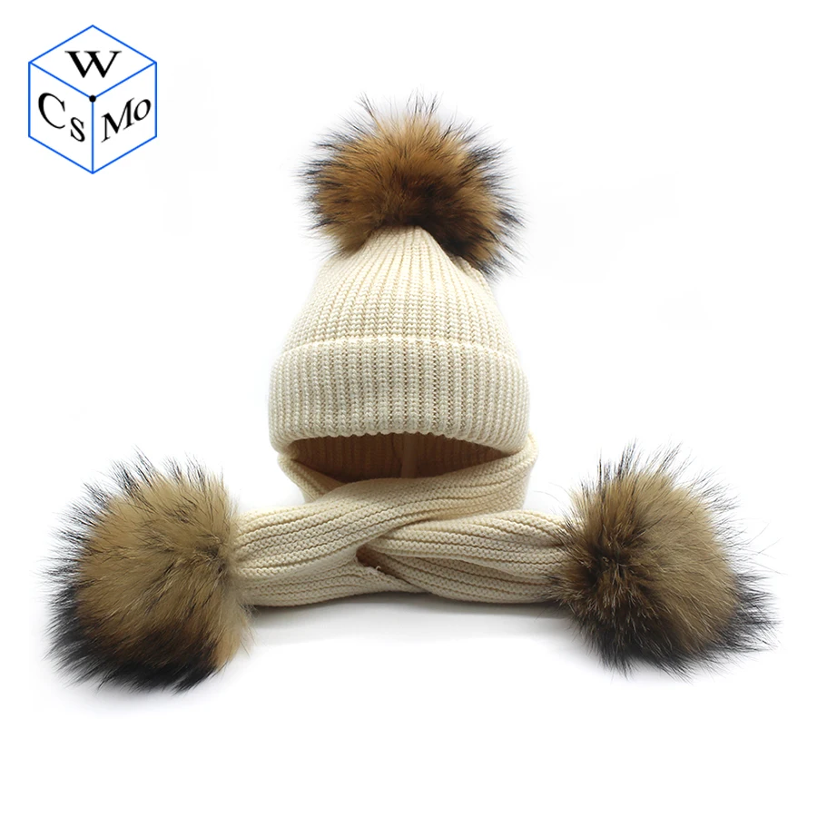 New Winter Baby Girls Boy Real Raccoon Knitted Hat Scarf Set With Fur Pompom Ball Caps Children Hats Kids Warm Beanie Suits |