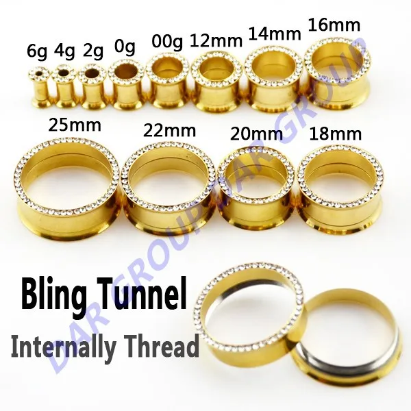 Dar Gold Plated Crystal Flesh Tunnel Plug Earring Gauges With Dar Gold Plated Crystal Flesh Tunnel Plug Earring Gauges With Internally Thread
