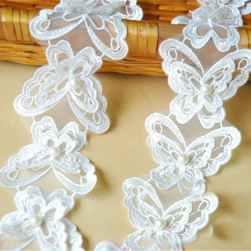 

1Pc Beautiful 3D White Butterfly Pearl Lace Trim Wedding Bridal Ribbon Applique DIY Embroidery Sewing Dress Craft Cloth Tissue
