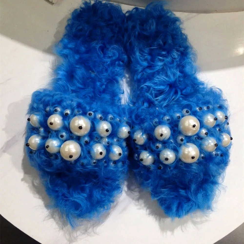 

Miquinha Women Brand Designer Pearl Embellished Fur Women Slipper Summer Sandals Open Toe Flats Cool Slides Star Street Style