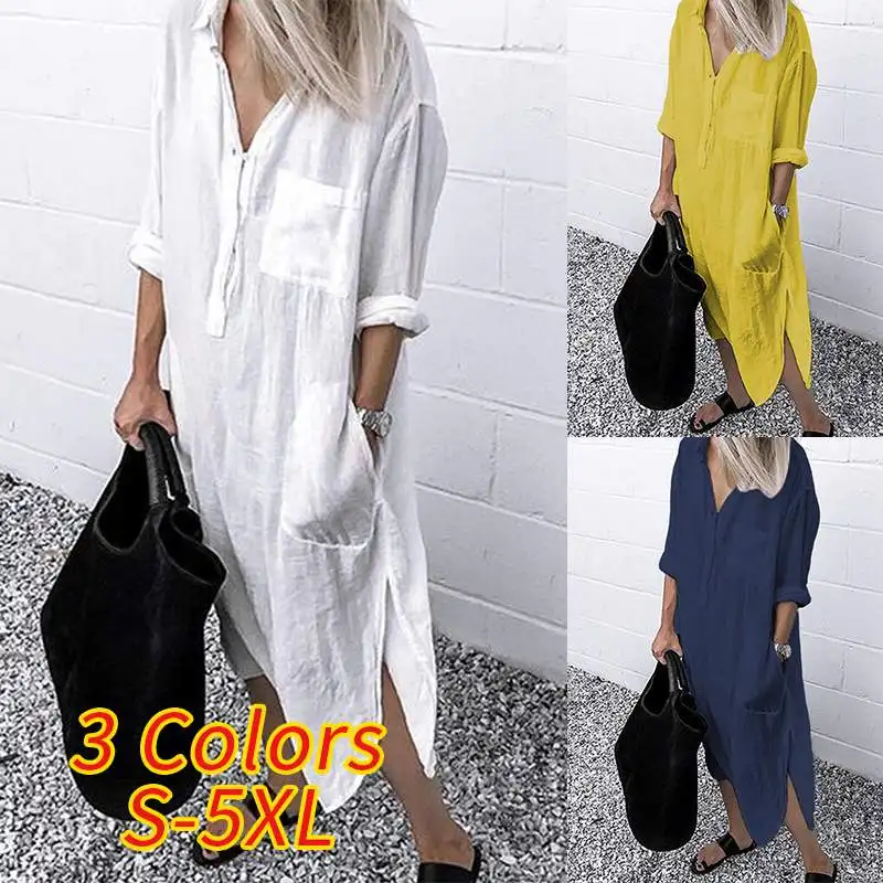 Koop 2019 Zanzea Vrouwen Lange Shirts Jurk Office Lady Werk Jurken Casual Solid Revers Vestidos Katoenen Tuniek Shirt Gewaad Femme Jurken