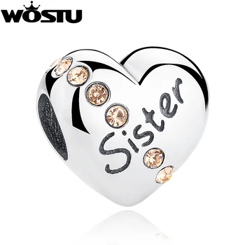 

Real 925 Sterling Soild Silver Sister Love Heart Charm Beads Fit Original WOST Bracelet Bangle Authentic DIY Jewelry BKC008