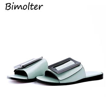 

Bimolter New Fashion Summer Slippers Genuine Leather Women Outside Slippers Flat Shoes Sweet Female Shoes Open Toe Slipper FC162