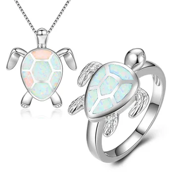 

JUNXIN Cute Animal Turtle Ring And Necklace Jewelry Sets Silver Color White Fire Opal Pendant Necklaces For Women