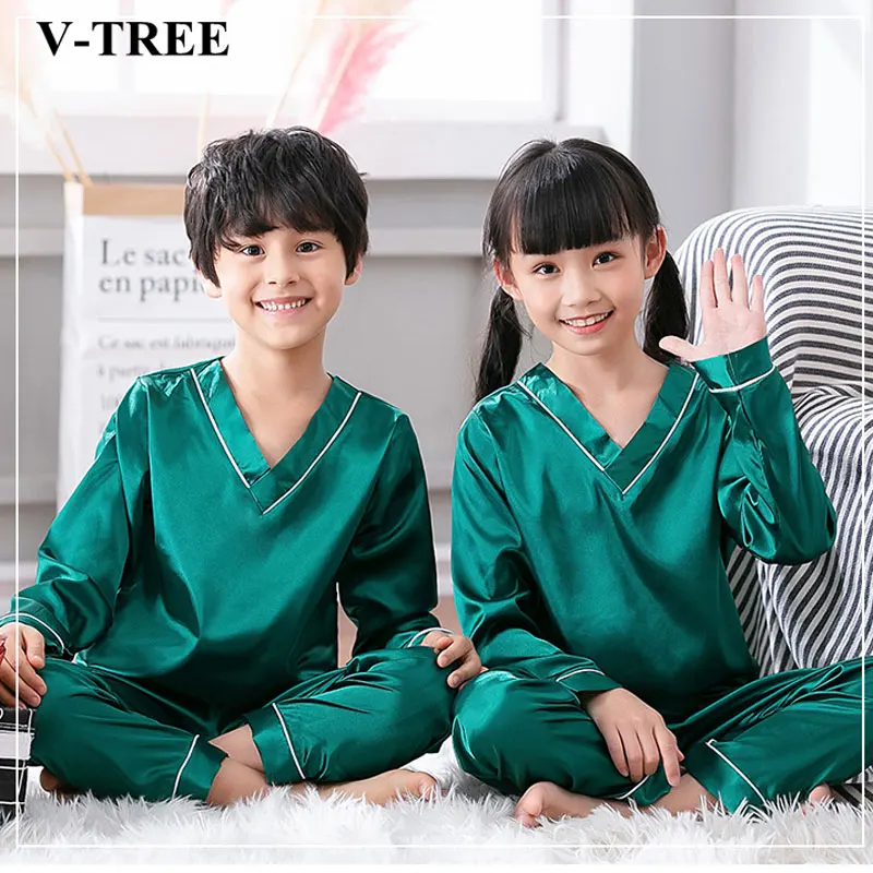 

Silk Children's Pajamas Spring Autumn Girls Sleepwear Long Sleeve Pyjama For Boys Pajamas Teenage Costume Baby Pajamas Sets 8 10