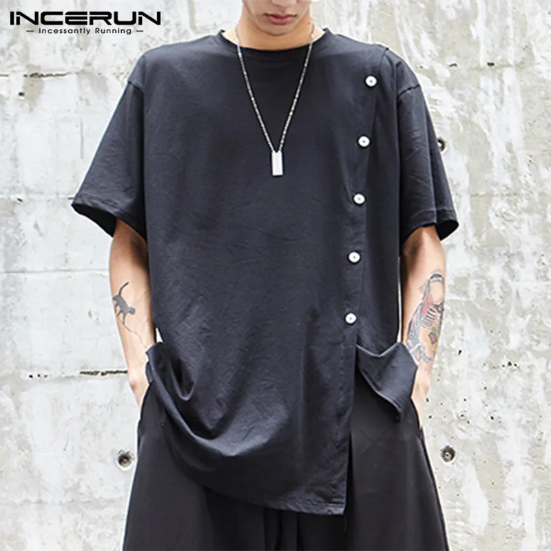 

INCERUN 2019 Fashion Mens T Shirt Hip-hop Button Short Sleeve Cerw Neck Tee Tops Loose Punk Style Men T-shirts Camisetas Hombre