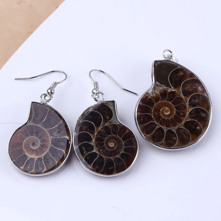 

Trendy-beads Unique Silver Plated Natural Ammonite Reliquiae Pendant Drop Earrings Fashion Jewelry Sets