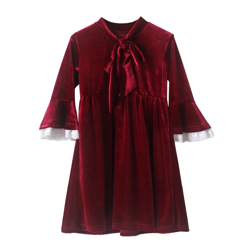 

vintage Noble red velvet gown for 4- 14 yrs teenage girls long sleeve lace prom winter fall thick warm big girl princess costume