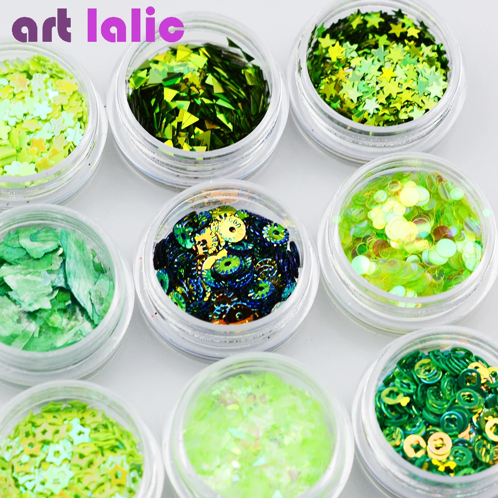 12Pcs Laser Green Nail Art Glitter Sequins Acrylic Tips UV Gel Polish Hologram For Manicure Tips Tools Decoration