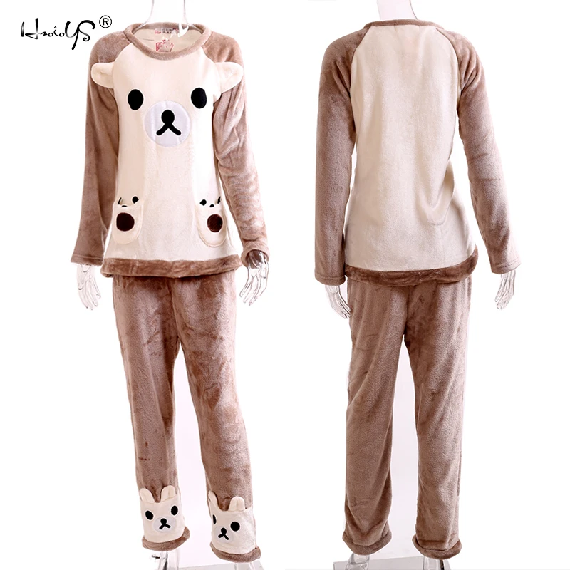 Autumn and Winter Women Pyjamas Sets Thick Warm Coral Velvet Suit Flannel Long Sleeve Female Cartoon Bear Animal Pants Sleepwear
