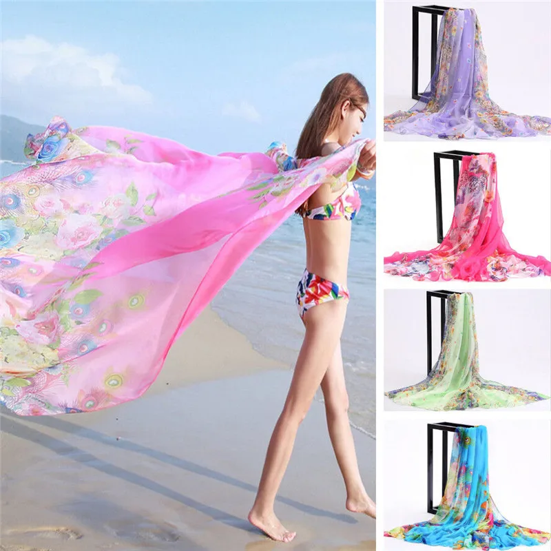

2019 New Fashion Women Elegant Floral Silky Chiffon Beach Cover Up Dress Sarong Pareo Dress Swimsuit Covers