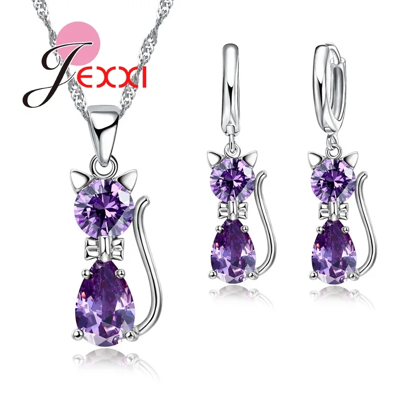 Jewellery Sets Accessories Genuine 925 Sterling Silver Cubic Zirconia Cat Kitty Necklace Pendant+Leverback Earrings Hot - Image 2