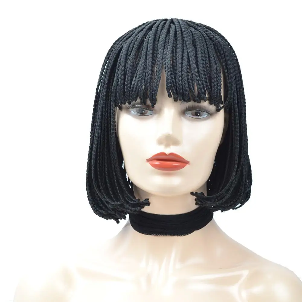 

Short Synthetic Bob Wigs With Bangs Braided Box Braids Wigs For Black Women African Natural Black Heat Resistant Women Wigs