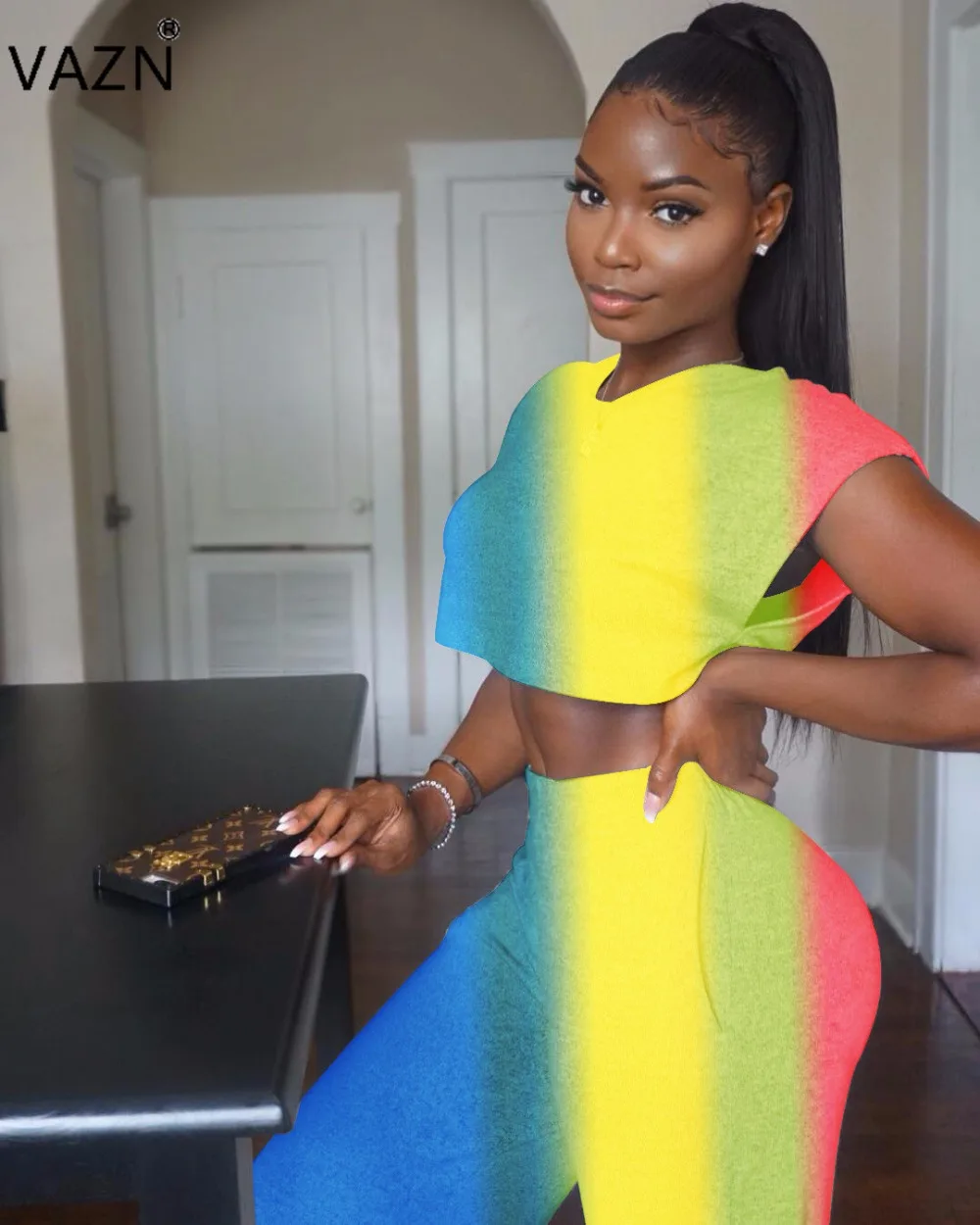 

VAZN hot fashion print casual o-neck long jumpsuits women short sleeve wide leg jumpsuits ladies 2-pieces summer rompers LS6156