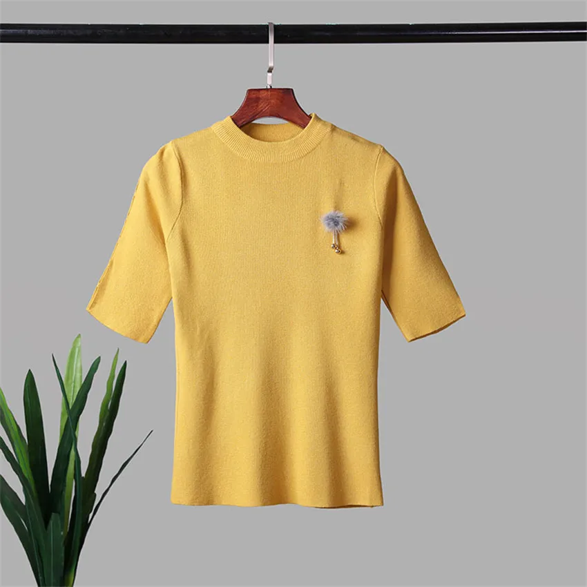 9 цветов, лето, женская футболка, вязаный Топ, футболки, пуловеры, повседневная, для фитнеса, тонкая футболка, короткий рукав, Женская Базовая футболка, топы - Цвет: yellow