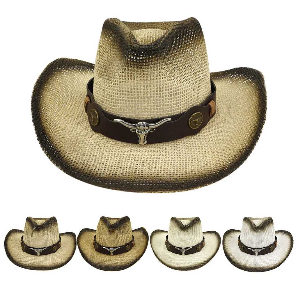 Women Straw Western Cowboy Hat For Summer Men Lady Cowgirl Sombrero Hombre Caps With Handmade Embroidery Hats#Zer