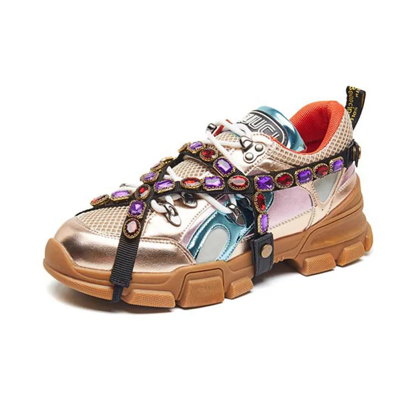 

Women Sneakers 2019 Spring Autumn Genuine Leather Rhinestone Chunky Sneakers For Women Casual Shoes Woman White Platform Sneaker