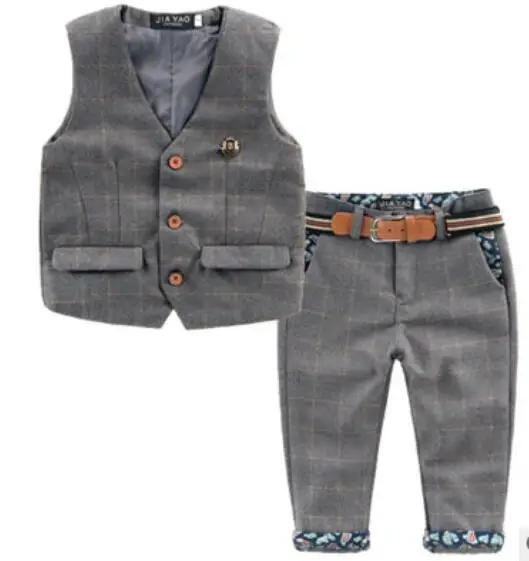 Комплект детской одежды, весна г., новые костюмы маленького джентльмена в британском стиле для маленьких мальчиков клетчатый жилет брюки с поясом для детей от 2 до 6 лет - Цвет: Темно-серый