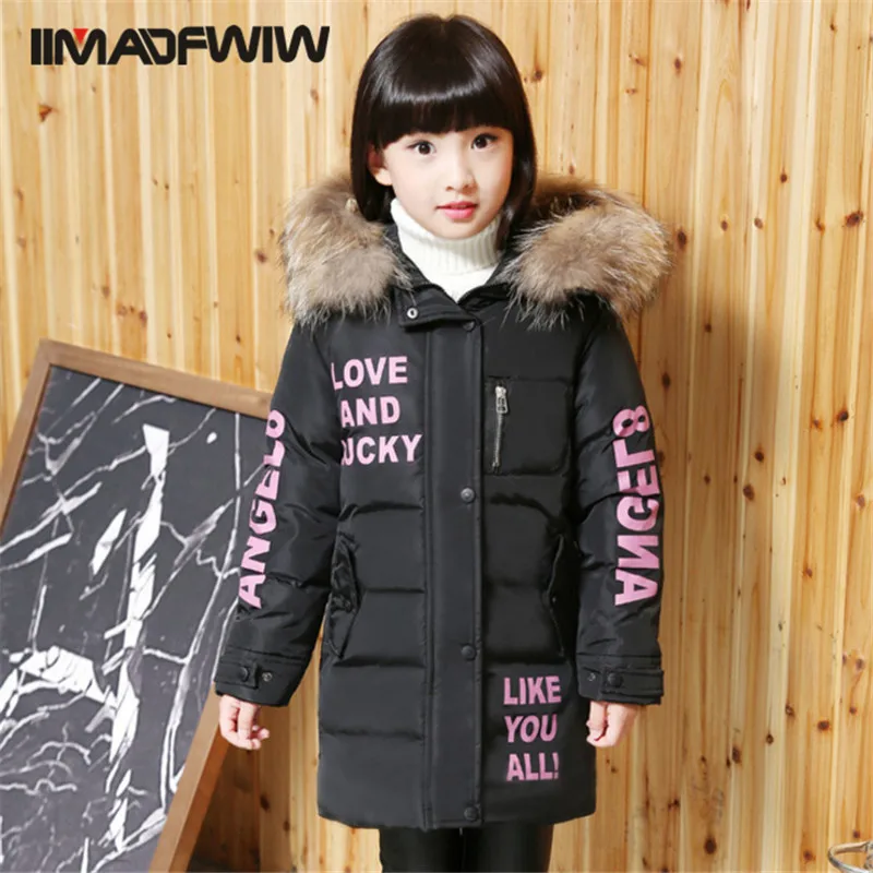 2016 New Girls Down Jackets Winter Outerwear Coats High Quality Thick Warm Big Fur Collar Letters