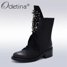 Odetina/модные брендовые зимние ботинки до середины икры; женские зимние ботинки с круглым носком на высоком квадратном каблуке в русском стиле; Теплая обувь со шнуровкой и бусинами