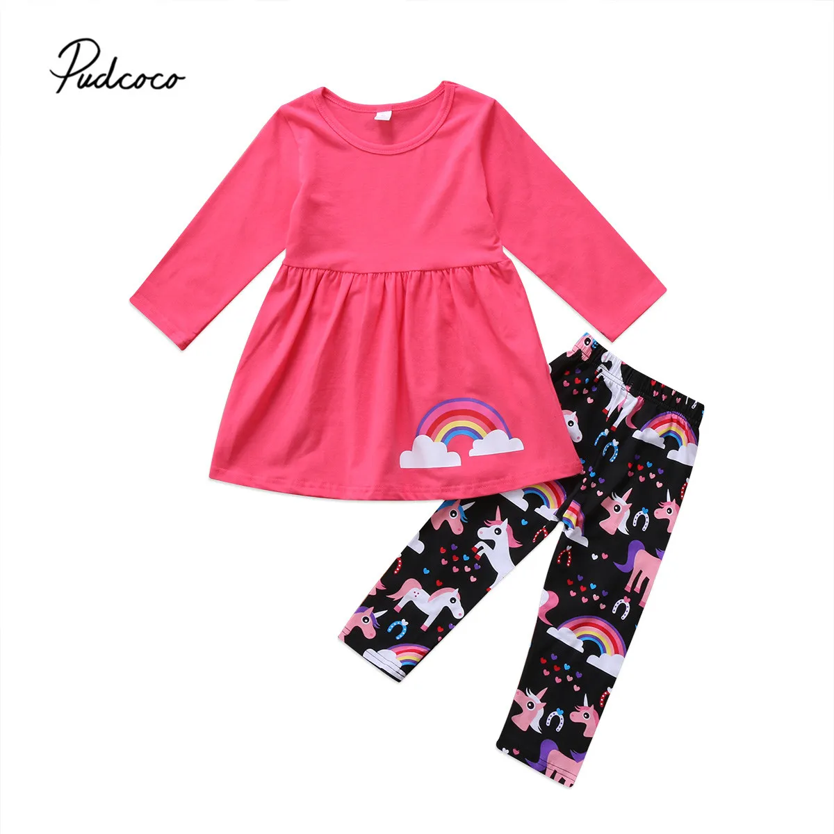 Комплект одежды из 2 предметов для маленьких девочек с единорогом, лошадкой и радугой футболка с длинным рукавом, топы, шорты+ длинные штаны