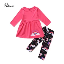 Комплект одежды из 2 предметов для маленьких девочек с единорогом, лошадкой и радугой футболка с длинным рукавом, топы, шорты+ длинные штаны