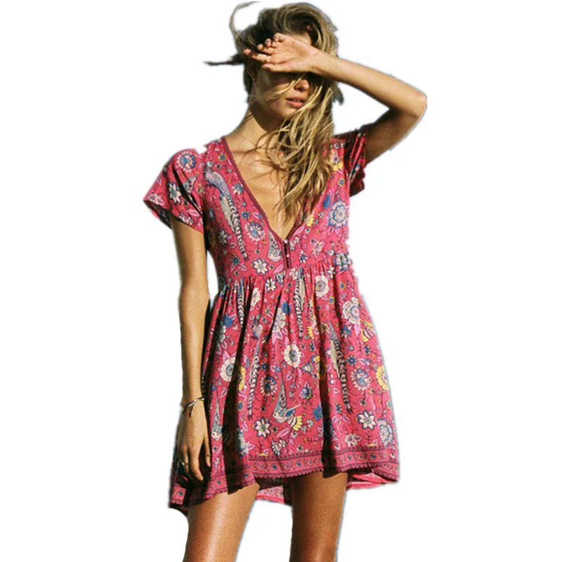 New Women's Clothing Dress Red Floral Print Mini Dress V-Neck Short Sleeve Women Dresses  Summer Loose Style Bohemia Beach Dress