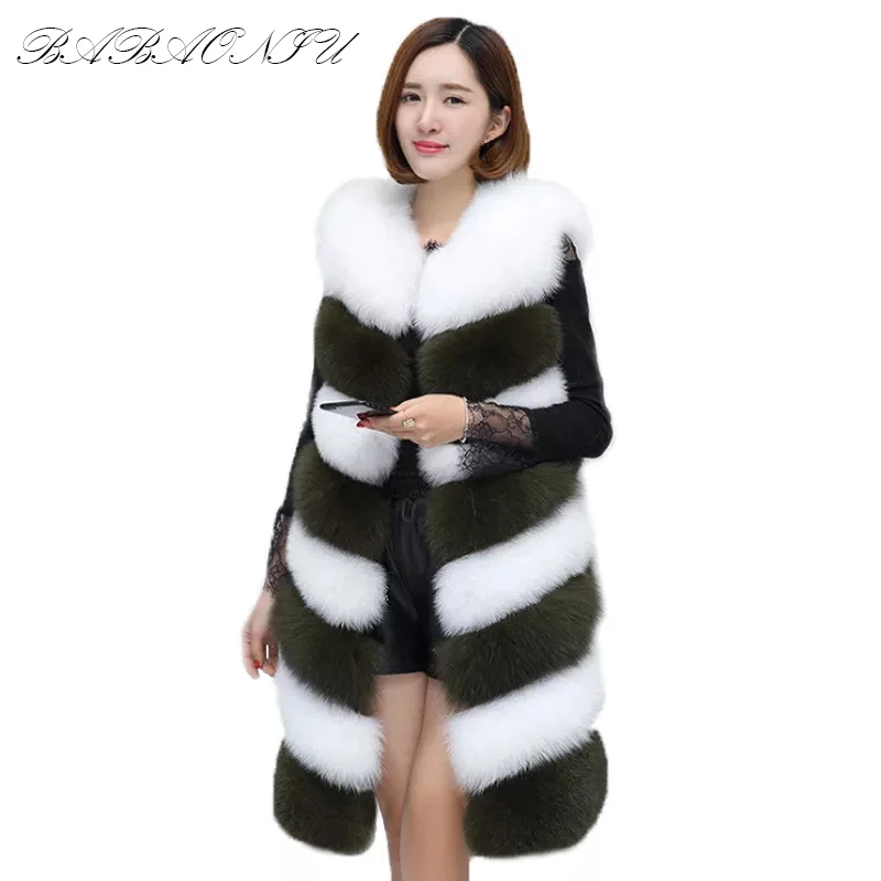 Для женщин модные корейские длинные искусственный мех жилет куртка без рукавов дамы лоскутное цвет Осень Зима Пушистый пальт