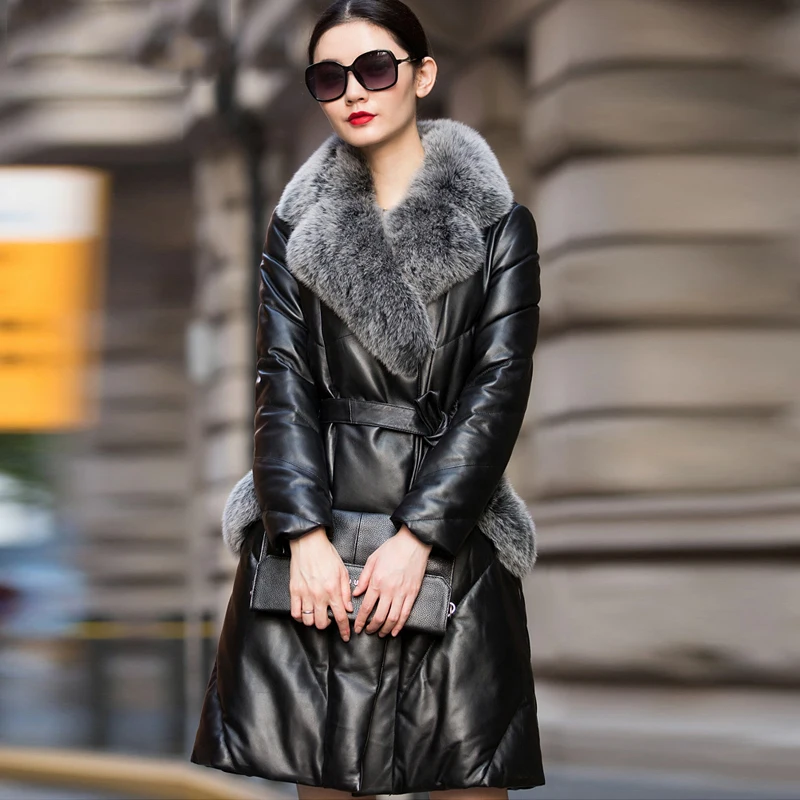 Natural sheepskin leather down coat women's real fox fur collar slim ...