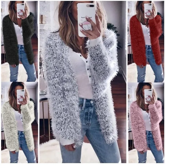 

Women's Cardigan Autumn and winter loose long-sleeved fluff thin coat fashion casual shirt women's large size S-3XL