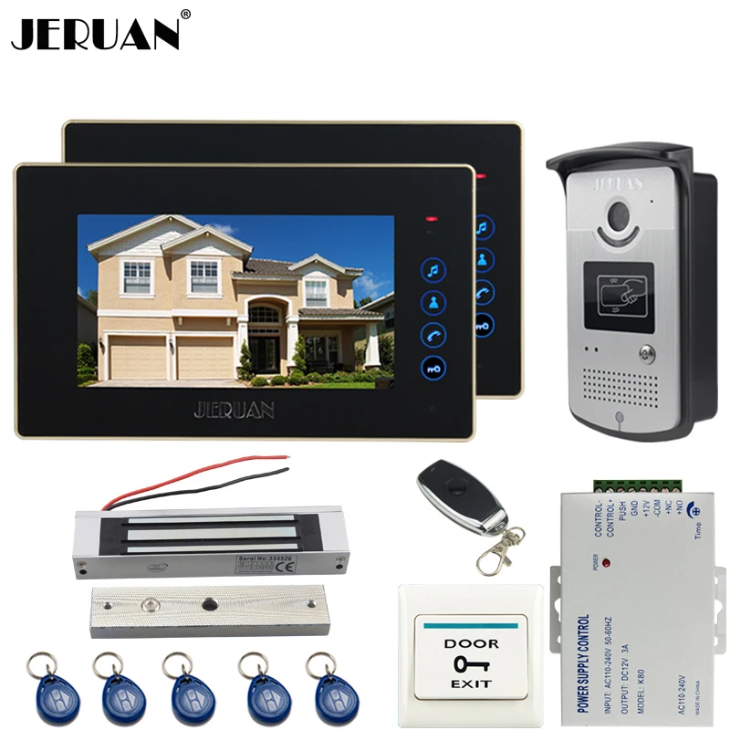 

JERUAN Two luxury 7`` Touch video doorphone intercom systemr+700TVL IR Night Vision camera+Magnetic lock+FREE SHIPPING