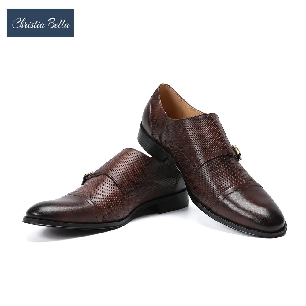 

Christia Bella Casual Luxury Brand Genuine Leather Formal Dress Double Monk Buckle Straps Wedding Bbrogues Shoes Zapatos Hombre