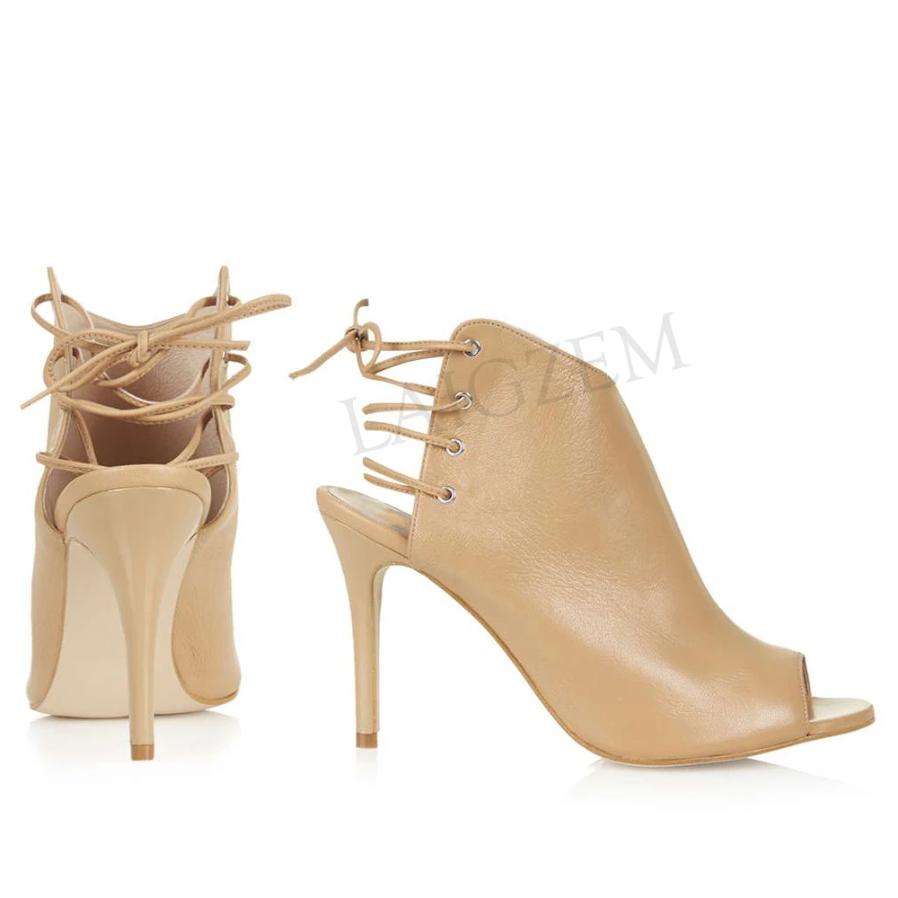 LAIGZEM Women Summer Booties Faux Leather Ankle Booties Stiletto Peep Toe High Heel Shoes Woman Botines Mujer Large Size 34-52 (2)