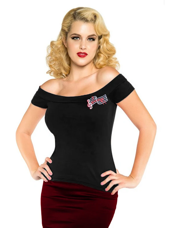 

Clearance! Women Short Sleeve Trendy Fitted Off Shoulder Gypsy TShirts Black Sexy Lady Club Wear 50's Rockabilly Embroidery Tops