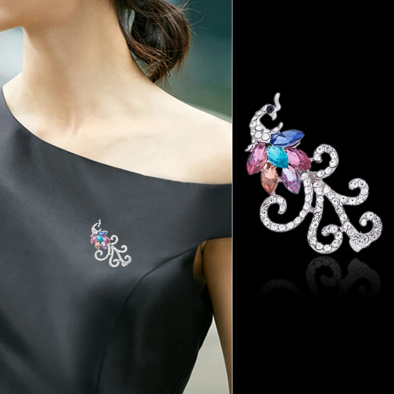 

TDQUEEN Crystal Peacock Pins And Brooches For Women Colorful Rhinestone Party Dress Costume Pin Jewelry Fashion Female Brooch