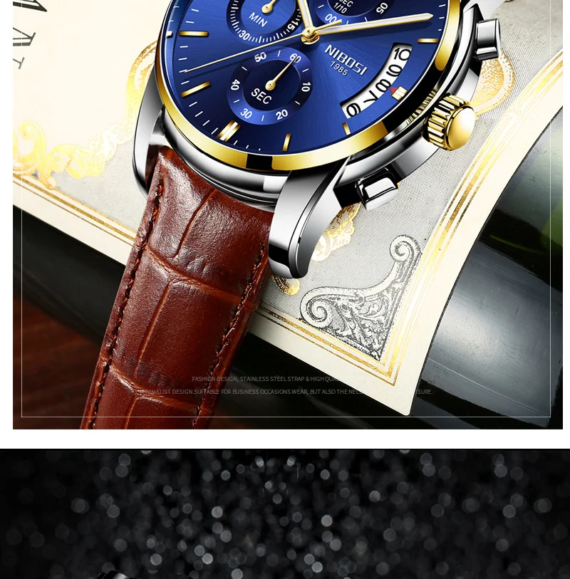 NIBOSI Mens Watches Top Brand Luxury Premium Luxury Fashion Luminous Waterproof Watch High-end Calfskin Pure Steel Strap Blue    (8)