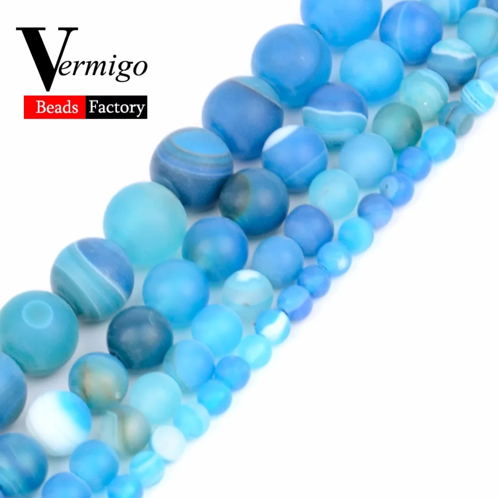 

Wholesale 4 6 8 10 12mm Dull Polish Blue Stripe Agates Stone Beads Natural Gem Matte Beads For Jewelry Making Diy Bracelet