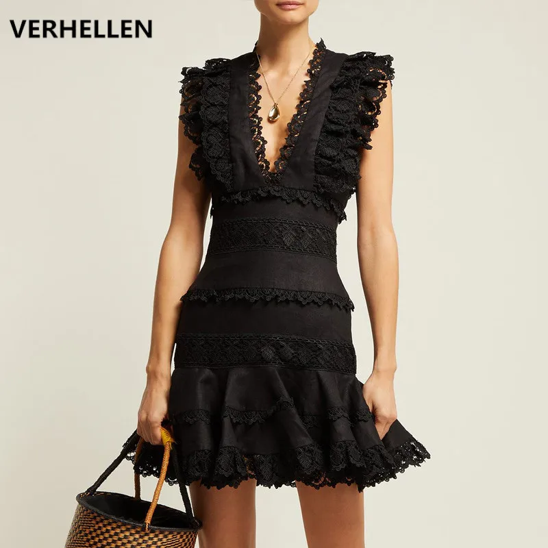 

VERHELLEN Self Portrait 2019 Summer Women V-Neck Sleeveless High Waist Mini Dresses Female Elegant Patchwork Lace Dress
