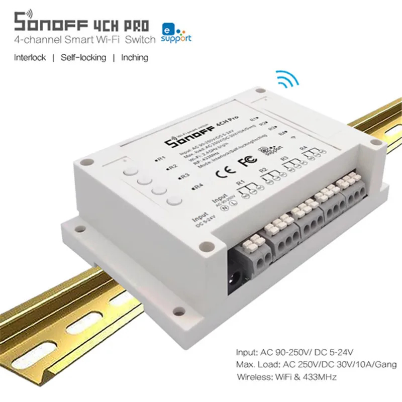 

SONOFF 4CH Pro 10A 2200W Smart Home WIFI Wireless Switch APP Remote Control DC Din Rail Mounting Home Automation Module
