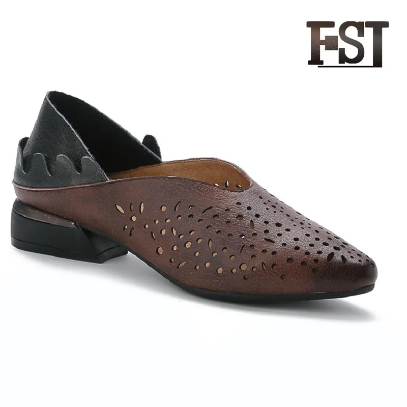 

FSJ Shoes Woman Pumps Clogs Summer Heels Genuine Leather Med Height Heel Pointed Toe Casual Slip On Chunky Office Career Retro