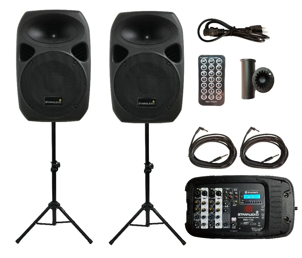 pair powered dj pa stage ktv speakers with powered mixer mp3 bluetooth sd card for church stage party